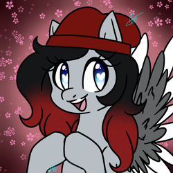 Size: 1600x1600 | Tagged: safe, artist:drawing-assassin-art, derpibooru exclusive, imported from derpibooru, oc, oc only, unnamed oc, pegasus, beanie, bust, colored wings, dyed mane, female, flower, hat, heart, heart eyes, hooves together, long hair, looking at you, mare, open mouth, pegasus oc, simple background, smiling, smiling at you, spread wings, two toned mane, two toned wings, wing fluff, wingding eyes, wings