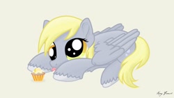Size: 1280x721 | Tagged: safe, artist:made_by_franch, imported from derpibooru, derpy hooves, pegasus, pony, cupcake, cute, derpabetes, food, solo, tongue out