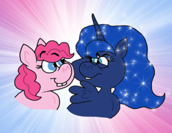 Size: 1016x787 | Tagged: safe, artist:cookie-lovey, imported from derpibooru, pinkie pie, princess luna, alicorn, earth pony, pony, 2014, art trade, bucktooth, bust, duo, duo female, female, mare, smiling, spread wings, style emulation, sunburst background, the fairly oddparents, wings