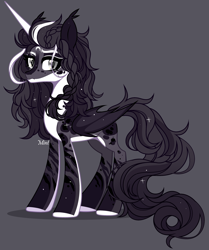 Size: 3156x3774 | Tagged: safe, artist:mint-light, imported from derpibooru, oc, oc only, alicorn, bat pony, bat pony alicorn, alicorn oc, ambiguous gender, bat ears, bat wings, black coat, countershading, eyeshadow, grimace, hair braid, horn, looking at you, makeup, mottled coat, pale belly, signature, slim, sparkles, thin, white belly, white hooves, wings