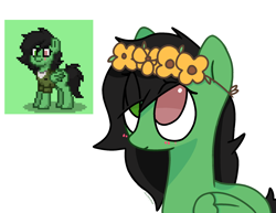 Size: 2228x1721 | Tagged: safe, artist:omelettepony, oc, oc only, oc:filly anon, pegasus, pony, blushing, drawthread, eye clipping through hair, female, filly, floral head wreath, flower, folded wings, heterochromia, simple background, solo, white background, wings