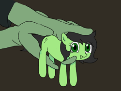 Size: 1080x810 | Tagged: safe, artist:omelettepony, oc, oc only, oc:anon, oc:filly anon, earth pony, human, pony, black background, female, filly, holding a pony, male, offscreen character, simple background, tiny, tiny ponies