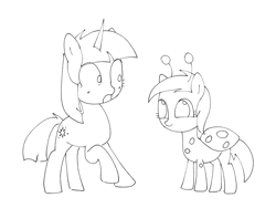 Size: 2048x1536 | Tagged: safe, artist:omelettepony, piña colada, twilight sparkle, earth pony, pony, unicorn, clothes, costume, drawthread, female, filly, horn, ladybug costume, mare, monochrome, open mouth, raised hoof, scared, shrunken pupils