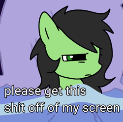 Size: 567x563 | Tagged: safe, artist:omelettepony, oc, oc only, oc:filly anon, earth pony, pony, bed, blanket, drawthread, female, filly, frown, meme, ponified meme, solo, vulgar