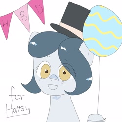 Size: 2048x2048 | Tagged: safe, artist:omelettepony, oc, oc only, oc:hattsy, earth pony, pony, balloon, birthday, birthday art, female, hat, looking at you, mare, simple background, solo, top hat, white background