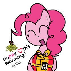 Size: 2048x2048 | Tagged: safe, artist:omelettepony, pinkie pie, earth pony, pony, christmas presents, eyes closed, female, holiday, mare, open mouth, present, simple background, solo, text, white background