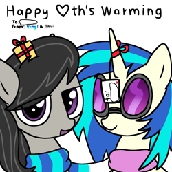 Size: 2048x2048 | Tagged: safe, artist:omelettepony, dj pon-3, octavia melody, vinyl scratch, earth pony, pony, unicorn, christmas presents, clothes, duo, duo female, female, glasses, horn, looking at you, mare, present, scarf, shared clothing, shared scarf, simple background, text, white background