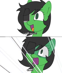 Size: 479x557 | Tagged: safe, artist:omelettepony, oc, oc only, oc:filly anon, earth pony, pony, 2 panel comic, comic, dialogue, eyepatch, female, filly, open mouth, simple background, solo, white background