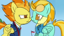 Size: 1920x1080 | Tagged: safe, artist:omelettepony, lightning dust, spitfire, pegasus, pony, boop, clothes, duo, female, folded wings, goggles, mare, noseboop, screenshot redraw, scrunchy face, uniform, wings, wonderbolt trainee uniform, wonderbolts dress uniform