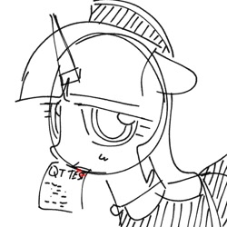 Size: 768x768 | Tagged: safe, artist:omelettepony, red ribbons (character), pony, unicorn, clothes, female, horn, maid, mare, monochrome, mouth hold, solo, text