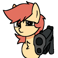 Size: 690x690 | Tagged: safe, artist:omelettepony, oc, oc only, oc:imareginary, earth pony, pony, chest fluff, female, filly, gun, handgun, looking at you, simple background, solo, white background