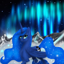 Size: 1280x1280 | Tagged: safe, artist:nutmeg04, imported from derpibooru, princess luna, alicorn, pony, aurora borealis, ethereal mane, female, looking at you, mare, mountain, mountain range, side view, solo, starry mane, starry sky, starry tail, tail, winter