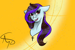 Size: 1024x683 | Tagged: safe, artist:nutmeg04, imported from derpibooru, oc, oc only, oc:nutmeg, earth pony, pony, bust, ear piercing, earring, earth pony oc, jewelry, multicolored hair, piercing, simple background, solo