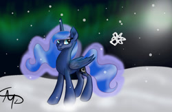 Size: 1024x667 | Tagged: safe, artist:nutmeg04, imported from derpibooru, princess luna, alicorn, pony, aurora borealis, ethereal mane, ethereal tail, female, looking at you, mare, snow, solo, starry background, tail