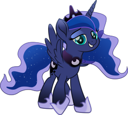 Size: 6079x5502 | Tagged: safe, artist:lincolnbrewsterfan, derpibooru exclusive, imported from derpibooru, part of a set, princess luna, alicorn, pony, derpibooru, series:apri(luna) fools!, my little pony: the movie, .svg available, :d, absurd resolution, april fools, april fools 2023, blue eyes, blue mane, blue tail, clothes, crown, cyan eyes, ethereal mane, ethereal tail, eyeshadow, female, flowing mane, flowing tail, grin, horn, inkscape, jewelry, lidded eyes, long horn, long mane, long tail, looking at you, makeup, mare, meta, moon, movie accurate, open mouth, open smile, part of a series, peytral, raised hoof, regalia, shoes, simple background, smiling, smiling at you, solo, standing, svg, tail, teal eyes, teeth, transparent background, trotting, vector