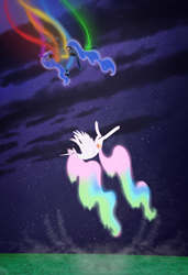 Size: 2050x3000 | Tagged: safe, artist:scarletextreme, imported from derpibooru, nightmare moon, princess celestia, princess luna, alicorn, pony, banishment, crying, duo, ethereal mane, falling, female, mare, starry background