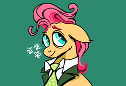 Size: 1316x900 | Tagged: safe, artist:msponies, imported from derpibooru, fluttershy, butterfly, pegasus, pony, alternate hairstyle, bags under eyes, female, floppy ears, g4, mare, ms paint, necktie, simple background, solo, teal background