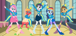 Size: 1600x772 | Tagged: safe, artist:mlp-her, imported from derpibooru, oc, oc only, dracony, dragon, hybrid, pony, equestria girls, arms in the air, auditorium, base used, big smile, boots, canterlot high, clothes, crossed arms, fake tail, female, hand on hip, interspecies offspring, looking at you, offspring, open mouth, open smile, parent:applejack, parent:big macintosh, parent:caramel, parent:fluttershy, parent:pinkie pie, parent:pokey pierce, parent:rainbow dash, parent:rarity, parent:soarin', parent:spike, parents:carajack, parents:fluttermac, parents:pokeypie, parents:soarindash, parents:sparity, pony ears, pose, shoes, skirt, smiling, smiling at you, sweater, wondercolts, wondercolts uniform