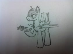 Size: 2592x1936 | Tagged: safe, imported from derpibooru, oc, oc only, unnamed oc, original species, plane pony, pony, f-15 eagle, holding, jet, jet fighter, jet plane, looking sideways, looking to the left, male, pencil drawing, plane, present, raised hoof, ribbon, simple background, smiling, solo, stallion, standing, traditional art, white background