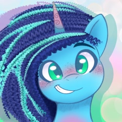 Size: 2048x2048 | Tagged: safe, artist:balychen, imported from derpibooru, part of a set, pony, unicorn, blushing, bust, cute, daaaaaaaaaaaw, female, freckles, g5, grin, mare, misty brightdawn, mistybetes, portrait, smiling, solo, weapons-grade cute