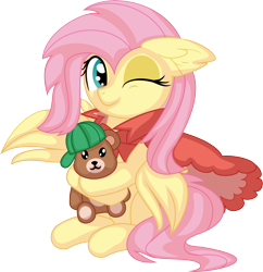 Size: 6868x7101 | Tagged: safe, artist:cyanlightning, imported from derpibooru, fluttershy, pegasus, pony, .svg available, absurd resolution, cape, clothes, cute, female, filly, foal, holding, hug, one eye closed, plushie, shyabetes, simple background, sitting, solo, teddy bear, transparent background, vector, wink, younger