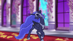 Size: 3662x2080 | Tagged: safe, artist:lightning bolty, imported from derpibooru, part of a set, princess luna, alicorn, pony, series:nightmare night candy binge, belly, blurry background, canterlot castle, canterlot castle interior, carpet, cartoon physics, colored, commission, digestion, digestion without weight gain, ear fluff, ethereal mane, ethereal tail, fangs, female, floppy ears, folded wings, food baby, hallway, hammerspace, hammerspace belly, helmet, high res, hoof shoes, horn, indoors, long horn, long mane, long tail, looking forward, mare, nightmare luna, nightmare night, onomatopoeia, open mouth, part of a series, peytral, princess shoes, raised hoof, signature, slim, solo, stained glass, starry mane, starry tail, sternocleidomastoid, stomach noise, stuffed, stuffed belly, stuffing, tail, teeth, that pony sure does love eating, thin, turned head, walking, wall of tags, wings