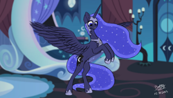 Size: 3662x2080 | Tagged: safe, artist:lightning bolty, imported from derpibooru, part of a set, princess luna, alicorn, pony, series:nightmare night candy binge, bed, bedroom, belly, blurry background, canterlot castle, canterlot castle interior, cartoon physics, colored, commission, concave belly, digestion, digestion without weight gain, ear fluff, ethereal mane, ethereal tail, fangs, female, grin, hammerspace, hammerspace belly, helmet, high res, hoof shoes, horn, indoors, long horn, long mane, long tail, looking at belly, looking at self, looking down, luna's bedroom, mare, nightmare luna, nightmare night, onomatopoeia, open mouth, part of a series, peytral, princess shoes, raised hooves, rearing, signature, slim, smiling, solo, spread wings, starry mane, starry tail, sternocleidomastoid, stomach noise, stuffing, tail, teeth, thin, wall of tags, wings