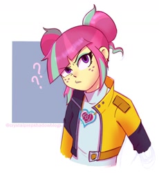 Size: 1438x1564 | Tagged: safe, artist:psychodiamondstar, imported from derpibooru, sour sweet, human, equestria girls, confused, freckles, looking at you, question mark, simple background, solo, white background
