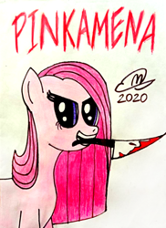 Size: 914x1255 | Tagged: safe, artist:mario dhard, imported from derpibooru, pinkie pie, blood, knife, pinkamena diane pie