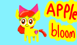 Size: 1024x600 | Tagged: safe, artist:spinningtop397, imported from derpibooru, apple bloom, earth pony, pony, blue background, cyan background, female, filly, foal, simple background, solo, text