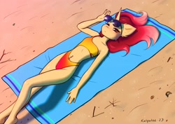 Size: 3508x2480 | Tagged: safe, artist:katputze, imported from derpibooru, oc, oc only, oc:crimson sunset, anthro, unicorn, beach, beach towel, belly button, belly piercing, bikini, clothes, female, looking at you, lying down, mare, on back, piercing, solo, sunbathing, sunglasses, swimsuit