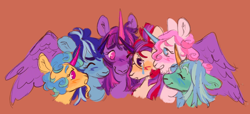 Size: 1280x586 | Tagged: safe, artist:webkinzworldz, imported from derpibooru, lemon hearts, lyra heartstrings, minuette, moondancer, twilight sparkle, twinkleshine, alicorn, pony, unicorn, amending fences, alternate design, canterlot six, crying, februpony, group hug, hug, orange background, simple background, twilight sparkle (alicorn), winghug, wings