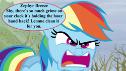 Size: 1280x720 | Tagged: safe, edit, edited screencap, imported from derpibooru, screencap, rainbow dash, pegasus, pony, tanks for the memories, angry, faic, implied zephyr breeze, offscreen character, pun, ragebow dash, rainbow dash is best facemaker, solo, speech bubble, threat