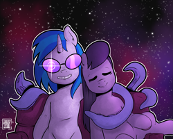Size: 2625x2100 | Tagged: safe, artist:raph13th, imported from derpibooru, dj pon-3, octavia melody, vinyl scratch, alien, pony, commission, commissioner:dualsoul, duo, fanfic art, galaxy, smiling, tentacles
