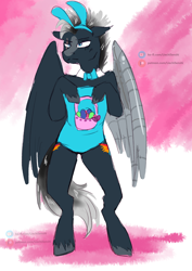 Size: 1754x2480 | Tagged: safe, imported from derpibooru, oc, oc only, oc:platinum shadow, pegasus, pony, artificial wings, augmented, bipedal, bunny suit, clothes, easter, femboy, holiday, human shoulders, male, mechanical wing, solo, wings