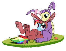 Size: 7200x5580 | Tagged: safe, artist:dacaoo, imported from derpibooru, fluttershy, rainbow dash, pegasus, pony, animal costume, blushing, bunny costume, bunny ears, butt, clothes, costume, cute, dashabetes, duo, duo female, egg, female, flutterdash, lesbian, one eye closed, paw pads, plot, shipping, shyabetes, simple background, transparent background, wings