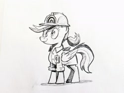 Size: 2048x1536 | Tagged: safe, artist:mellodillo, imported from derpibooru, rainbow dash, pegasus, pony, alternate hairstyle, clothes, female, grayscale, hard hat, hat, mare, monochrome, ponytail, smiling, solo, traditional art, weather factory uniform