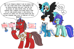 Size: 2934x1961 | Tagged: safe, artist:supahdonarudo, derpibooru exclusive, imported from derpibooru, oc, oc only, oc:fleurbelle, oc:icebeak, oc:ironyoshi, oc:sea lilly, alicorn, classical hippogriff, hippogriff, pony, unicorn, angry, annoyed, blushing, bow, camera, clothes, cross-popping veins, dialogue, emanata, embarrassed, facehoof, jewelry, levitation, magic, necklace, protest, shirt, sign, simple background, speech bubble, telekinesis, text, transparent background