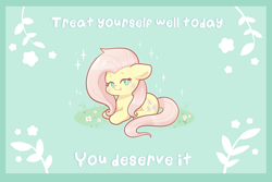 Size: 1800x1200 | Tagged: safe, artist:typhwosion, imported from derpibooru, fluttershy, pegasus, pony, blushing, english, floppy ears, flower, grass, looking at you, open mouth, positive ponies, sitting, smiling, solo, text