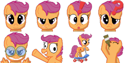 Size: 384x192 | Tagged: safe, artist:scootaloormayfly, imported from derpibooru, scootaloo, pegasus, pony, alcohol, confused, drinking, exclamation point, goggles, looking at you, multeity, pixel art, question mark, rpg maker, scooter, simple background, smiling, solo, sprite, surprised, transparent background