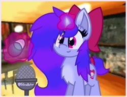 Size: 1410x1080 | Tagged: safe, artist:silvaqular, imported from derpibooru, oc, oc:qular, pony, unicorn, blue, blurple, bonk, bow, can, chest fluff, fluffy, goofy, loud, magic, magic aura, microphone, microphone stand, purple, solo, stupid, tail, tail bow, tiktok, vacuum, vacuum cleaner, wacky, warning