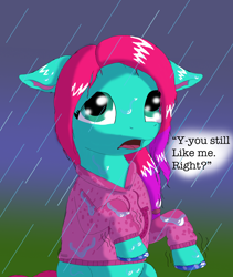 Size: 1600x1900 | Tagged: safe, alternate version, artist:the crystal artist, derpibooru exclusive, imported from derpibooru, earth pony, pony, clothes, female, g5, gradient background, hoodie, hoof polish, jazz hooves, looking at you, mare, open mouth, question, rain, raised hooves, sad, shading, shaking, shivering, solo, talking to viewer, text, wet, wet clothes, wet mane