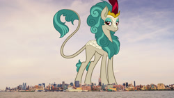 Size: 2048x1152 | Tagged: safe, artist:jennieoo, edit, editor:jaredking779, imported from derpibooru, rain shine, kirin, female, giant kirin, giant rain shine, giantess, highrise ponies, irl, kirin in real life, macro, manhattan, mega giant, new york, new york city, photo, ponies in real life, solo, story included