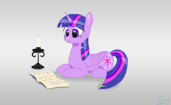 Size: 1280x784 | Tagged: safe, artist:nfc100%ponies, imported from derpibooru, twilight sparkle, alicorn, book, candle, lying down, prone, simple background, solo, twilight sparkle (alicorn)