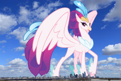 Size: 2048x1365 | Tagged: safe, artist:andoanimalia, edit, editor:jaredking779, imported from derpibooru, queen novo, classical hippogriff, hippogriff, my little pony: the movie, dallas, female, giant hippogriff, giantess, highrise ponies, irl, macro, mega giant, photo, ponies in real life, show accurate, solo, story included, texas