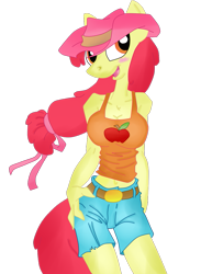 Size: 791x1024 | Tagged: safe, artist:krazykari, artist:trollie trollenberg, color edit, edit, imported from derpibooru, apple bloom, anthro, earth pony, clothes, colored, denim, denim shorts, older, older apple bloom, shorts, simple background, solo, tanktop, transparent background