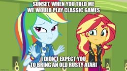 Size: 885x500 | Tagged: safe, edit, edited screencap, imported from derpibooru, screencap, rainbow dash, sunset shimmer, human, equestria girls, gamer sunset, text