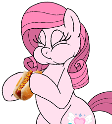 Size: 548x606 | Tagged: safe, artist:noi kincade, imported from derpibooru, oc, oc only, oc:annisa trihapsari, earth pony, pony, cute, earth pony oc, eyes closed, female, food, hot dog, mare, meat, ocbetes, pink body, pink eyes, pink mane, sausage, simple background, solo, transparent background