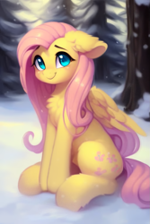 Size: 819x1228 | Tagged: safe, editor:nightluna, imported from derpibooru, fluttershy, pegasus, pony, ai content, ai generated, big ears, chest fluff, cute, ear fluff, eyebrows, eyelashes, female, forest, generator:purplesmart.ai, generator:stable diffusion, leg fluff, looking at you, mare, prompter:nightluna, shyabetes, sitting, smiling, smiling at you, snow, solo, wrong cutie mark