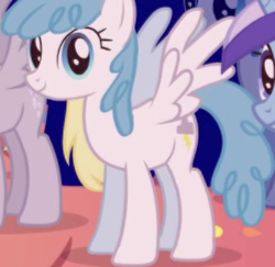 Size: 343x333 | Tagged: safe, imported from derpibooru, screencap, derpy hooves, lightning bolt, minuette, white lightning, pegasus, pony, unicorn, friendship is magic, background character, background pony, cropped, female, mare, solo focus, spread wings, wings
